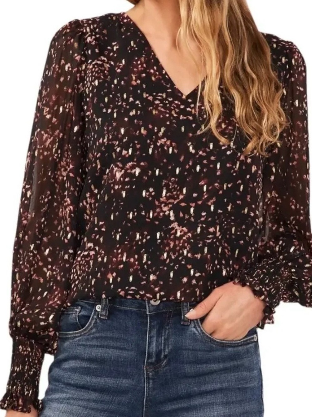 CeCe Black Floral-Print V-Neck Puff-Sleeve Blouse - M